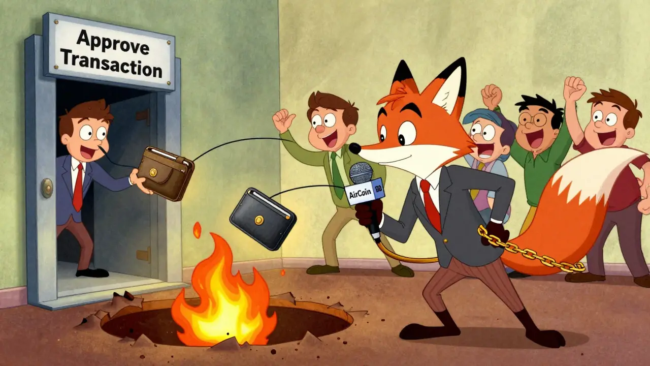A fox in a suit tricking cartoon users into connecting wallets to a trapdoor leading to a pit of burning crypto.