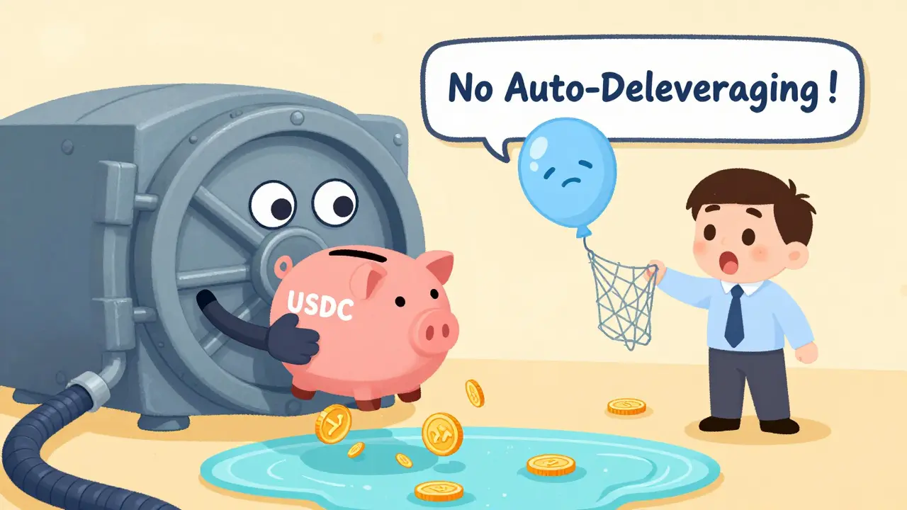 A friendly insurance vault with DDX tokens raining out as a liquidated position is safely caught.