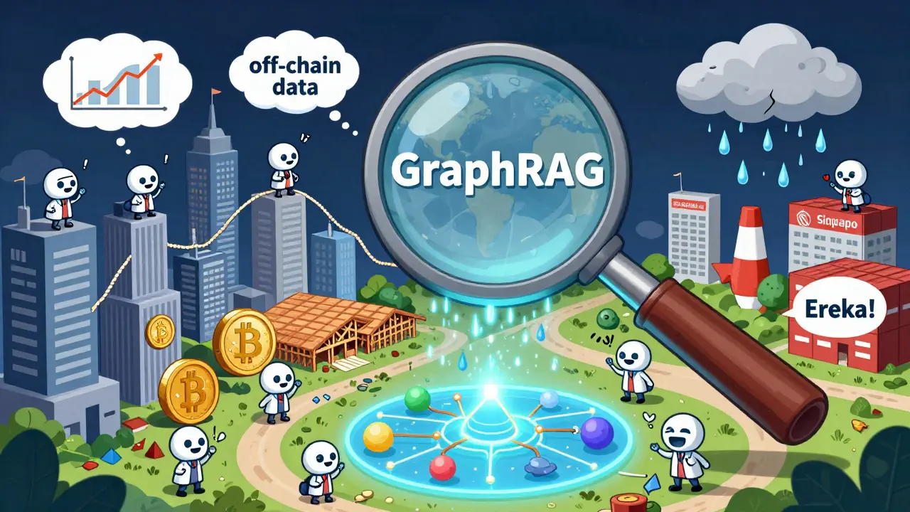 A giant magnifying glass links token-shaped buildings to data ropes connecting a farm and warehouse.