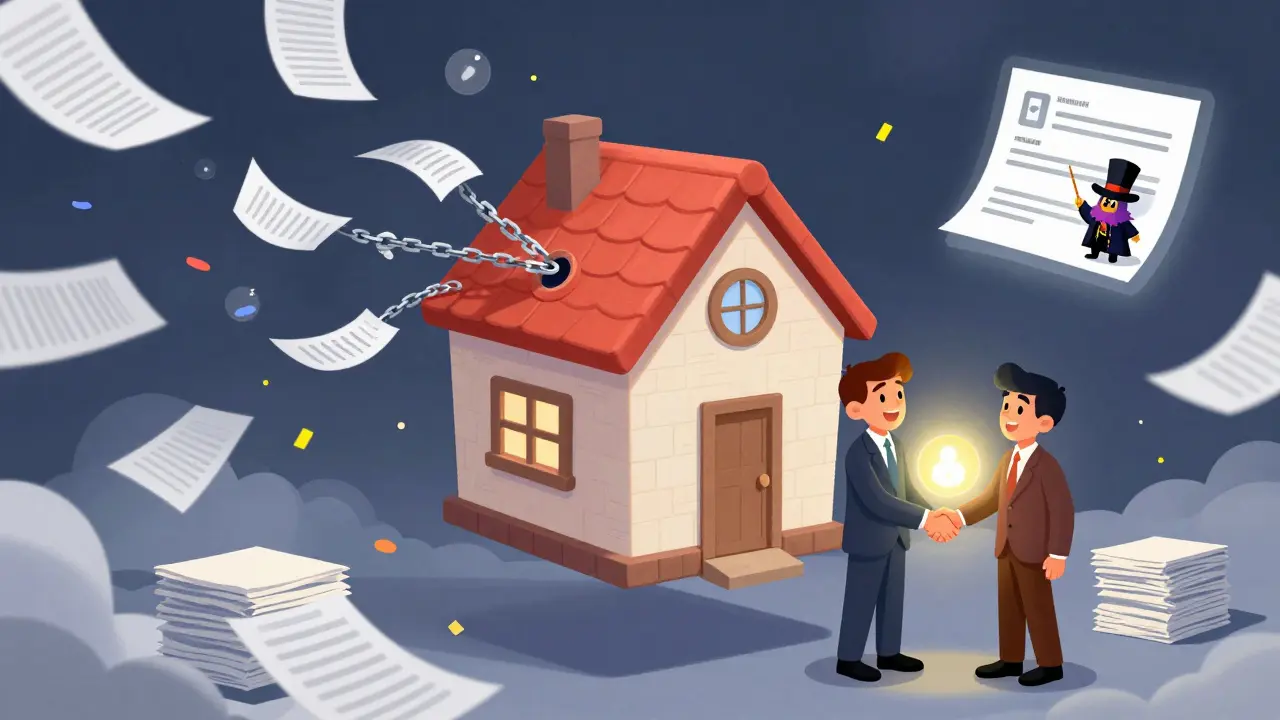 A house sale happens instantly with a glowing blockchain handshake replacing piles of paperwork.