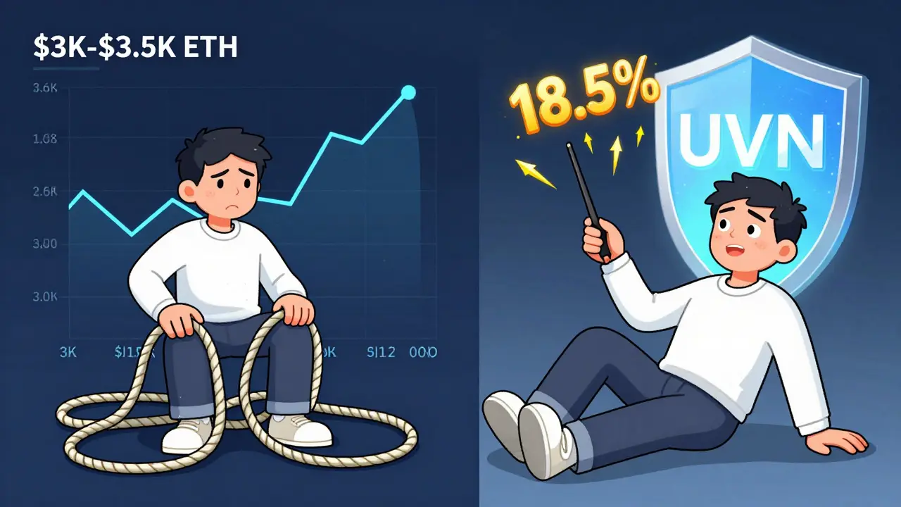 A liquidity provider轻松 adjusting ranges on Unichain while APR arrows soar overhead.