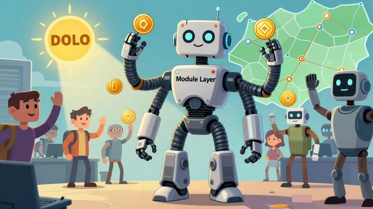 A modular robot with fixed core and flexible top, swapping crypto assets while traders cheer in the background.