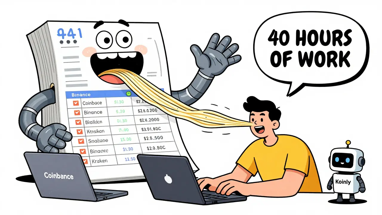 A person typing on three laptops as transaction data flows like noodles, with a tax software robot helping.