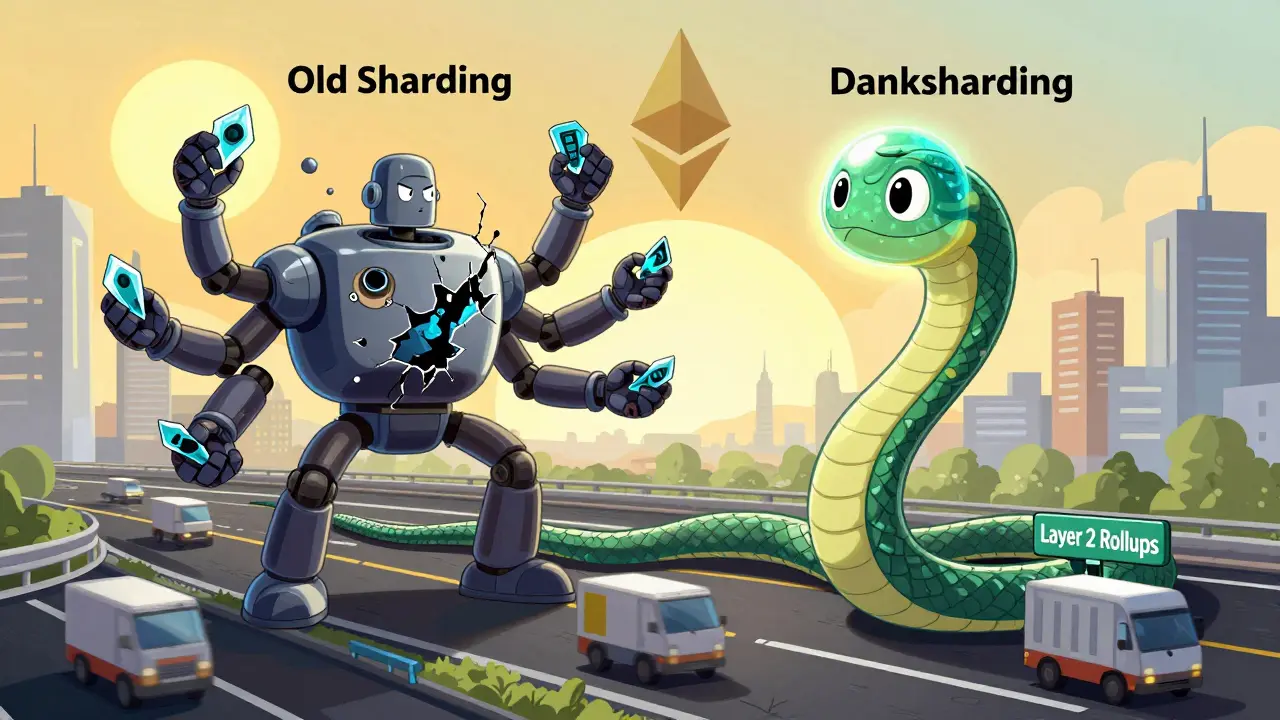 A sleek Danksharding snake outperforming a crumbling Old Sharding robot, flowing over Layer 2 rollup highways.