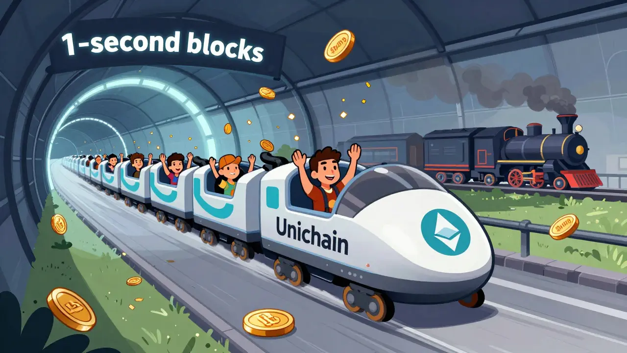 A sleek Unichain rollercoaster speeding through a block tunnel with low gas fees as confetti.