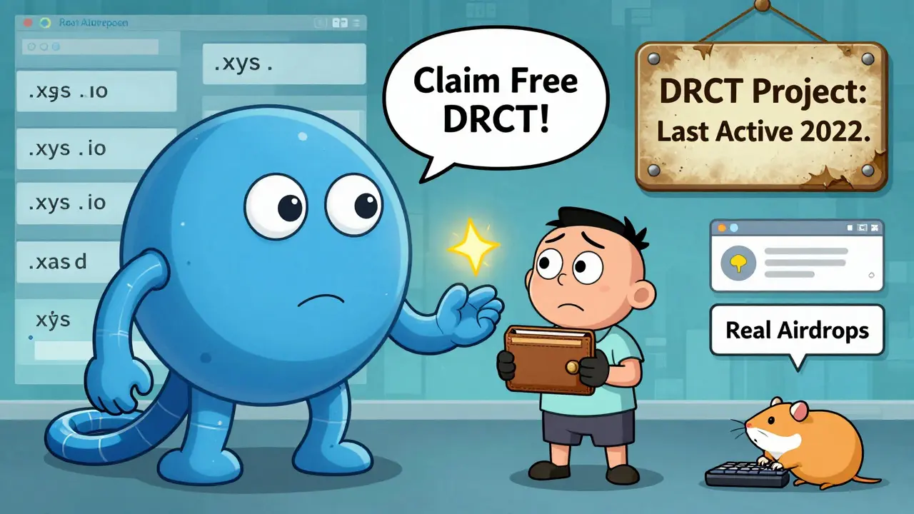 A Telegram bot tries to scam a user with fake DRCT claims while fake websites wobble behind them.