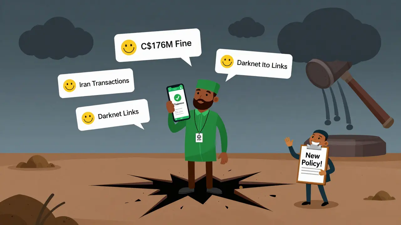 A trader in Nigeria using Cryptomus app, surrounded by positive reviews and dark warning clouds, as a regulatory hammer looms overhead.