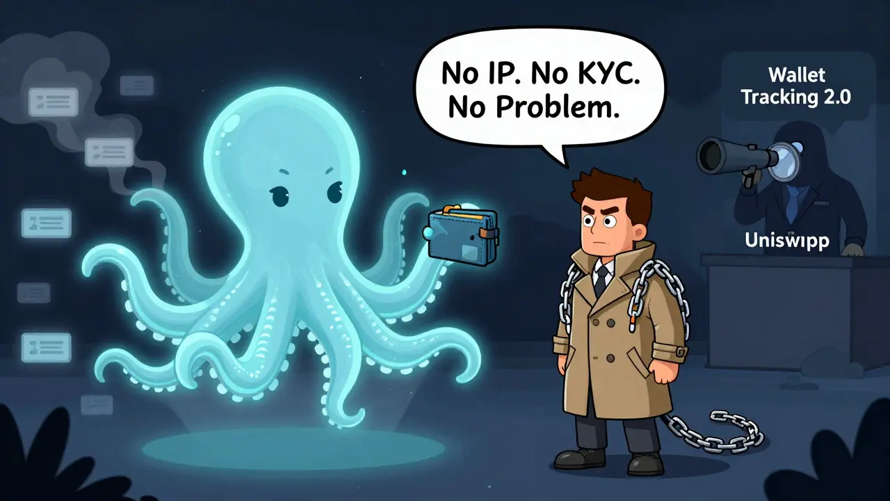 A user at a friendly decentralized exchange while blocked VPNs vanish behind them, in rubber hose style.