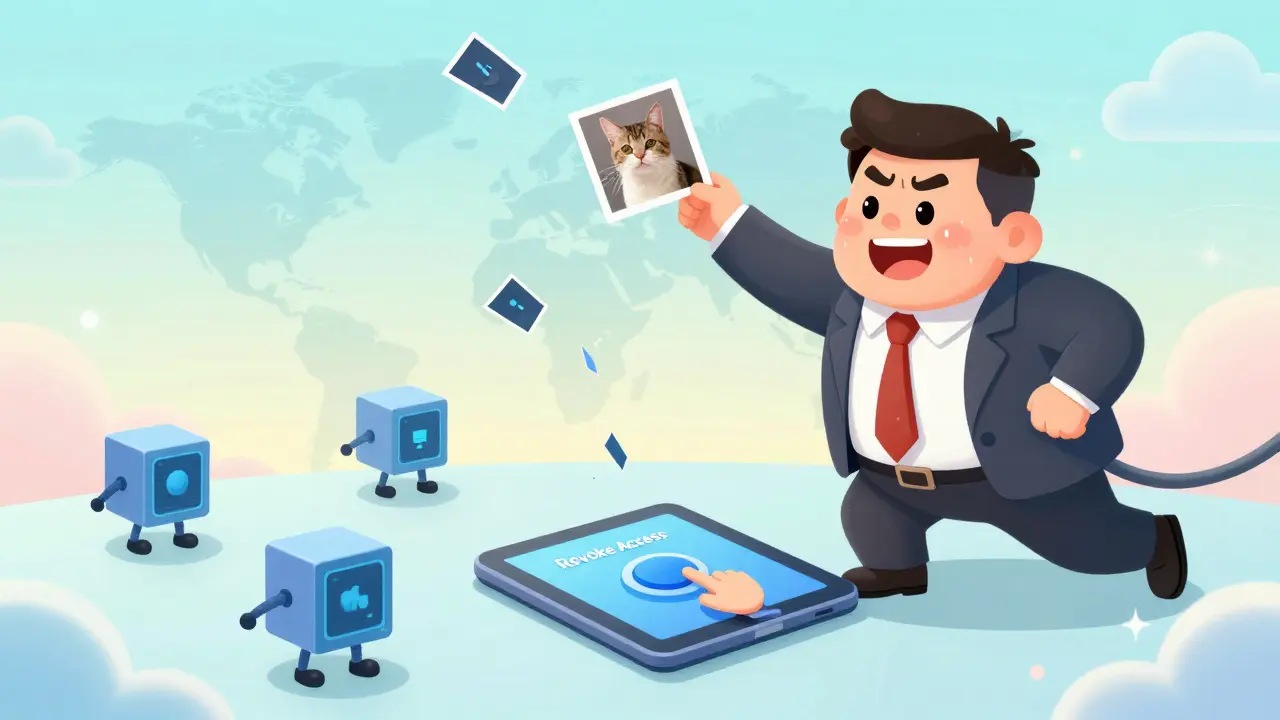 A user revoking an advertiser's access to a photo as decentralized nodes scatter its pieces across the globe.