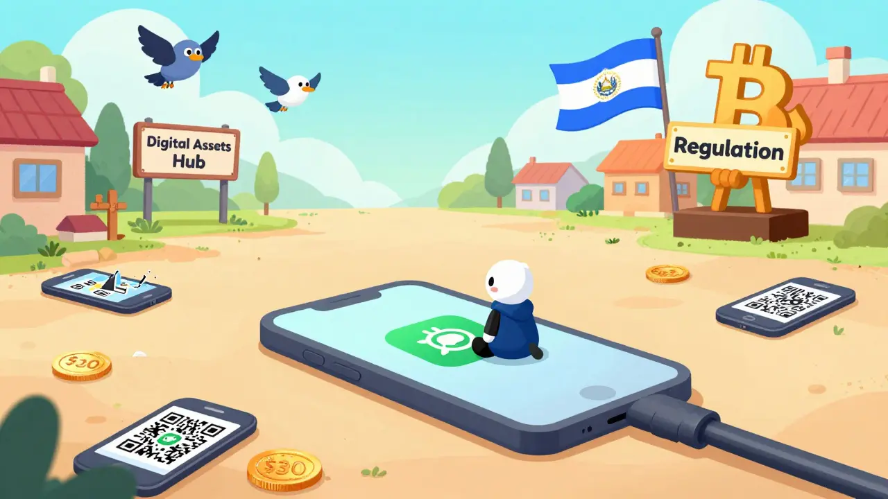 An abandoned Chivo app on a phone amid discarded bonus coins, while private crypto companies arrive in the distance.