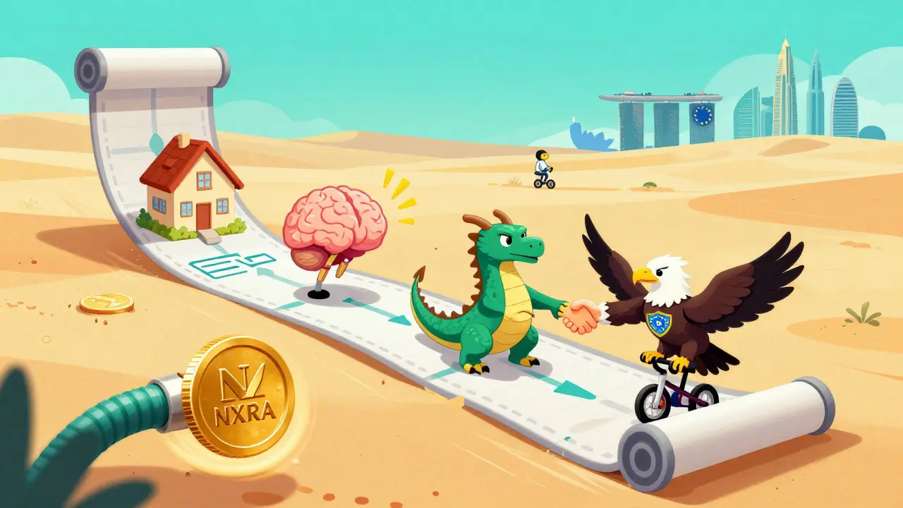 An NXRA token on a unicycle rides a roadmap toward global regulatory landmarks like EU and Singapore.