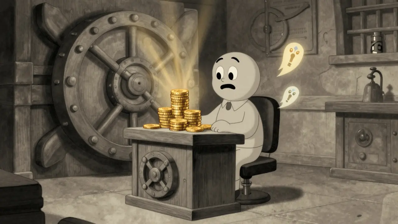Animated character stacking coins at a vault podium with floating sprites in 1930s art style.