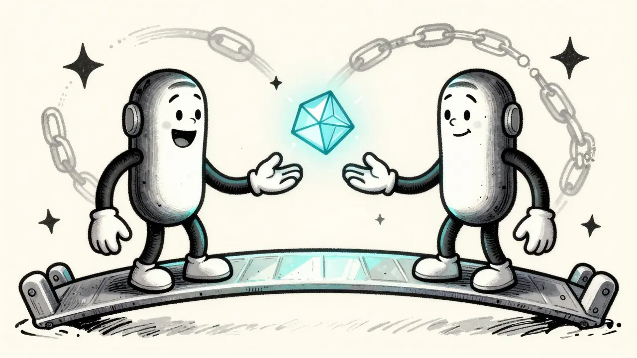 Cartoon characters exchanging tokens across a bridge in rubber hose style.