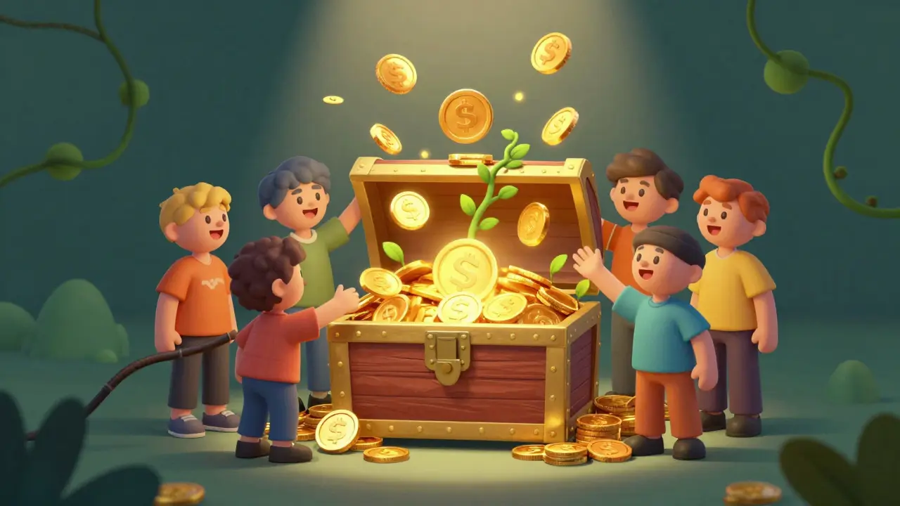 Cartoon characters gathered around glowing treasure chest with coins.