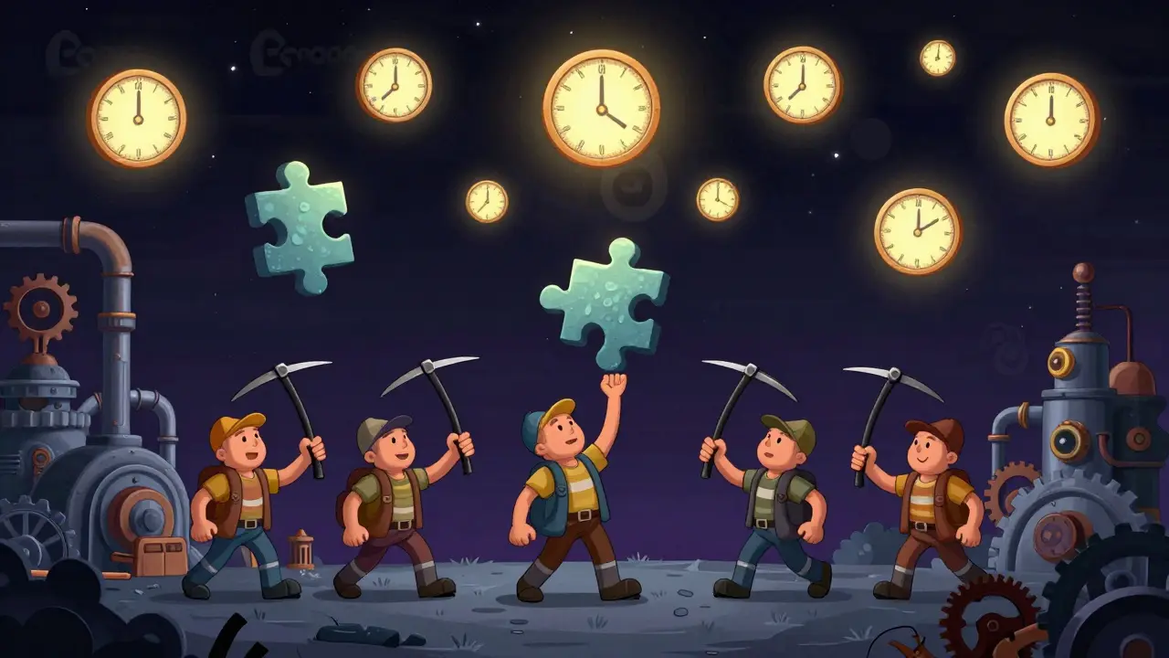Cartoon miners solving puzzles in a cosmic mine to earn locked NIGHT tokens.