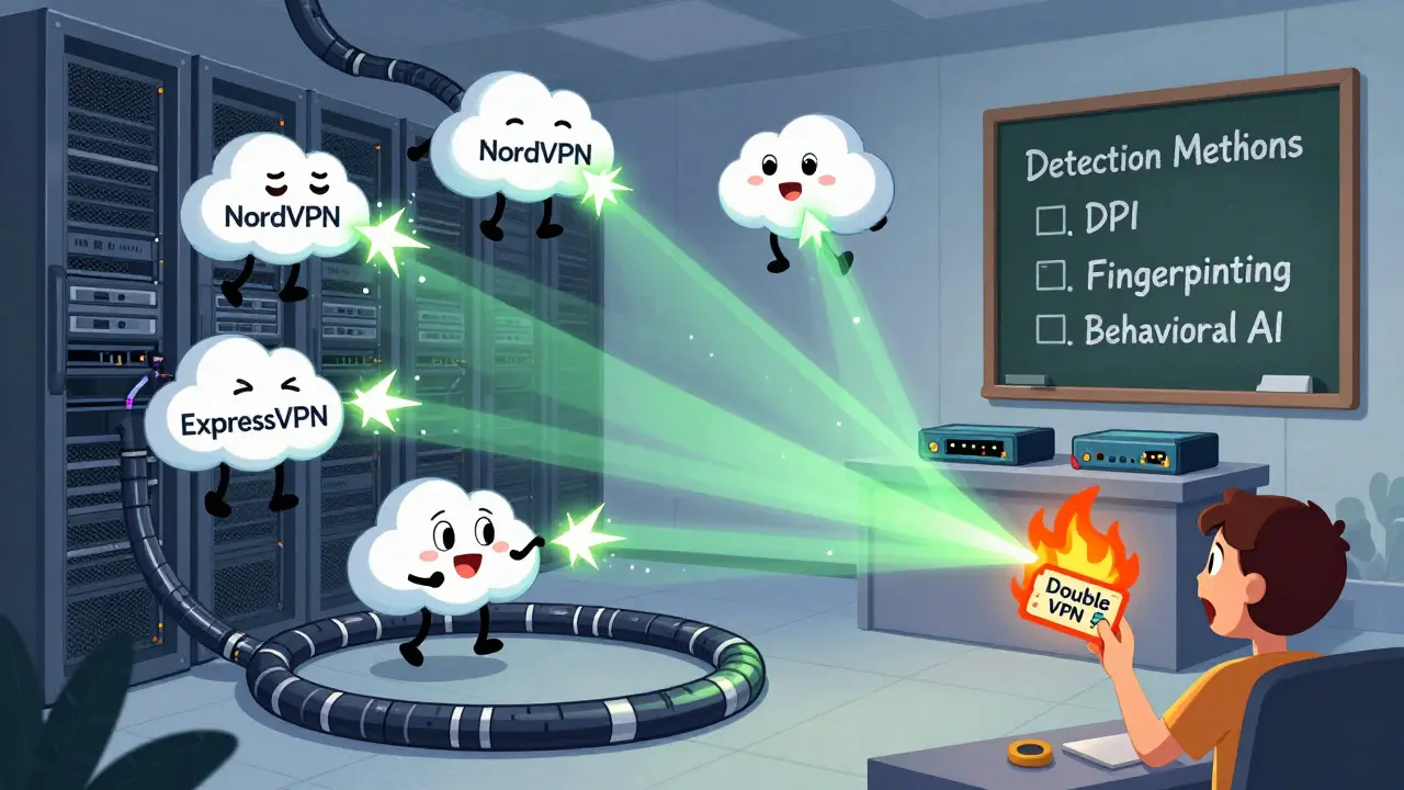 Cartoon VPN servers being zapped by a crypto exchange's detection lasers in rubber hose animation.