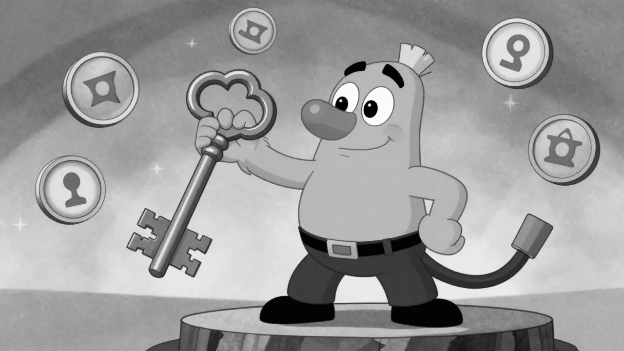 Character holding a key with floating tokens in vintage animation style.