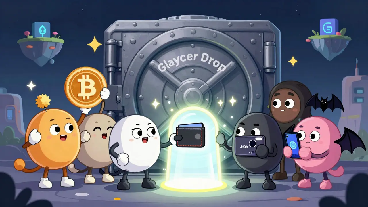 Characters from different crypto worlds connecting wallets to claim Midnight Network tokens.