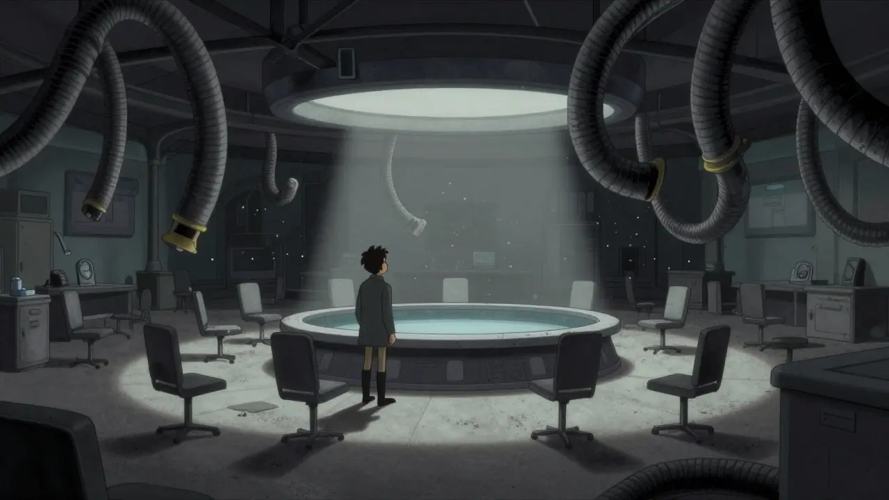 Deserted trading floor with deflated hoses and empty seats depicted in retro noir cartoon art.