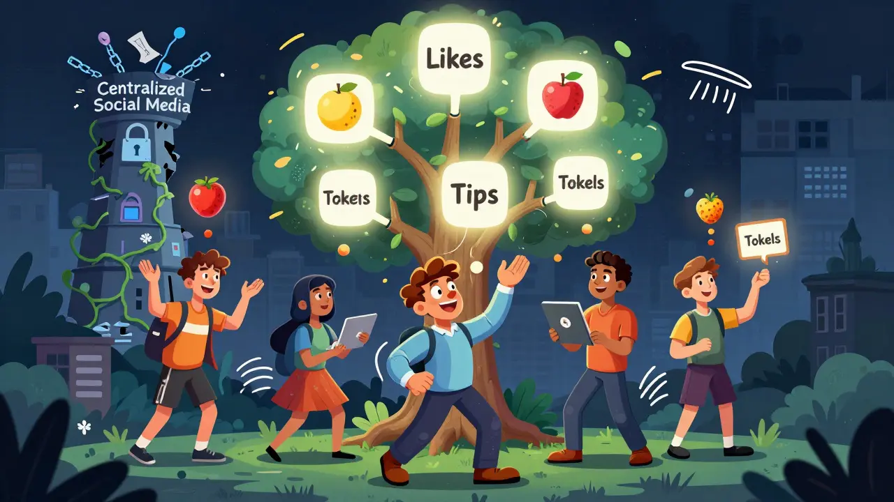 Diverse users harvesting tokens from a blockchain tree while a crumbling social media tower fades into vines.