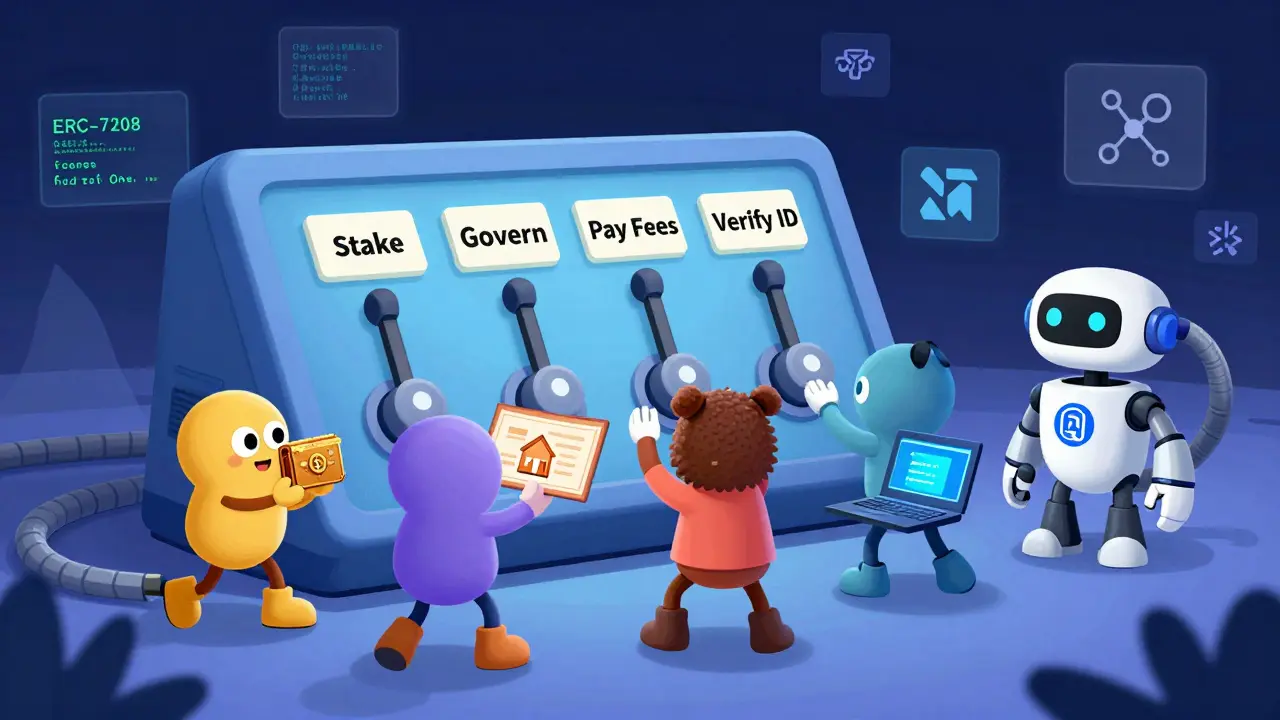 Diverse users operating a DeFi console with levers for staking, governance, and KYC, watched by a compliant robot.