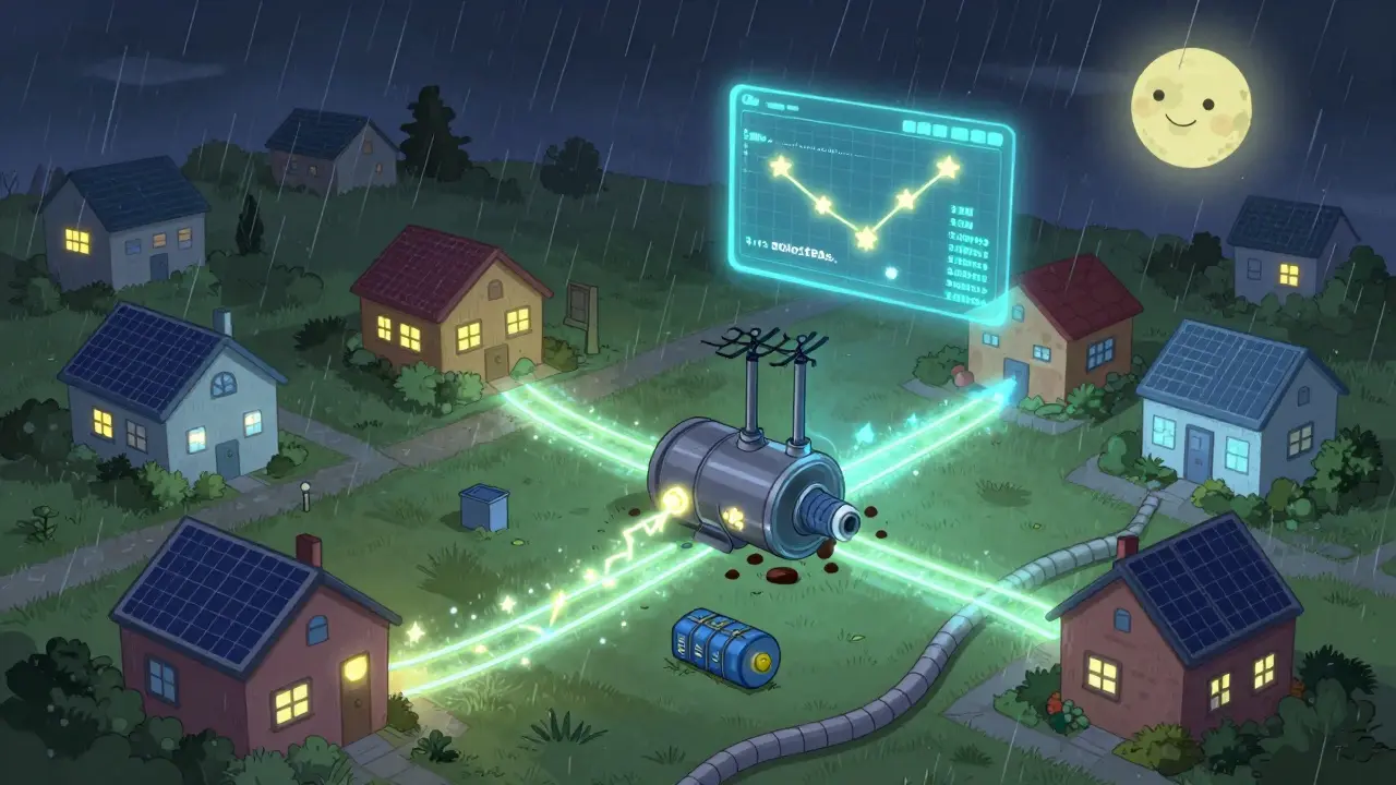 During a blackout, homes share power through a glowing local grid while a central power plant lies broken, all in cartoon rubber hose style.