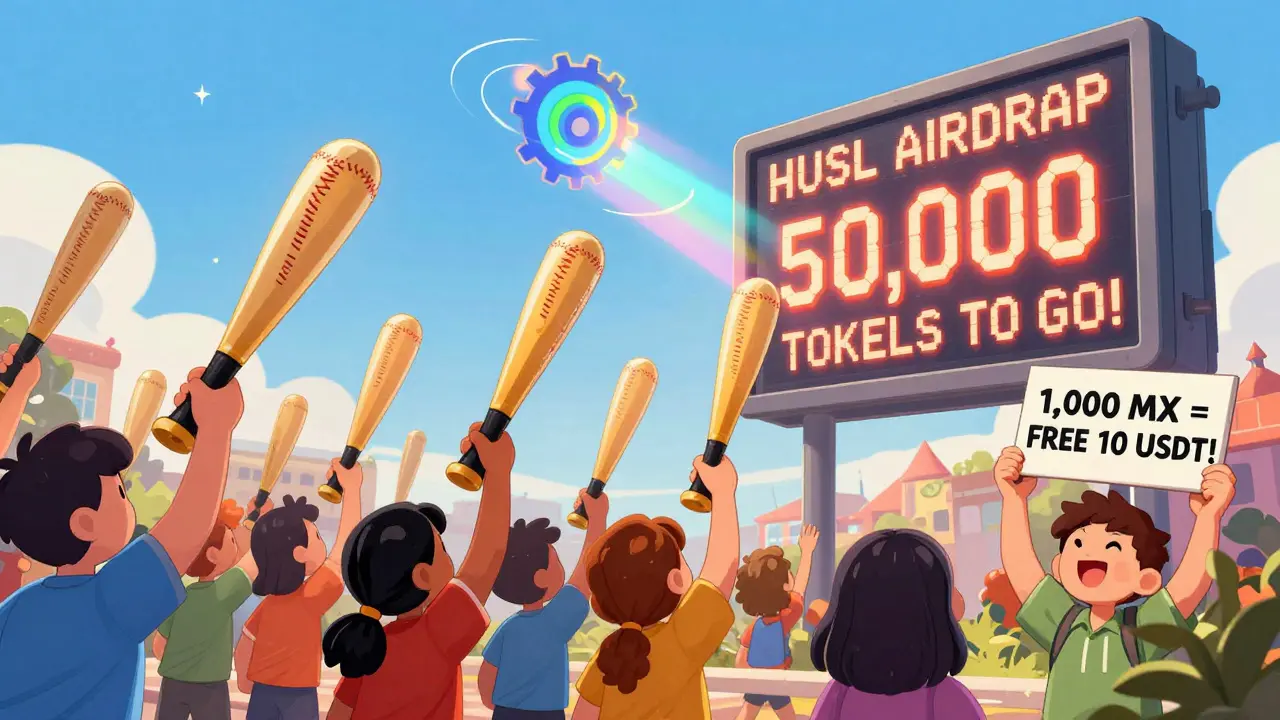 Fans voting with MX tokens at a giant scoreboard for the HUSL airdrop, with a spinning Chainlink gear above.