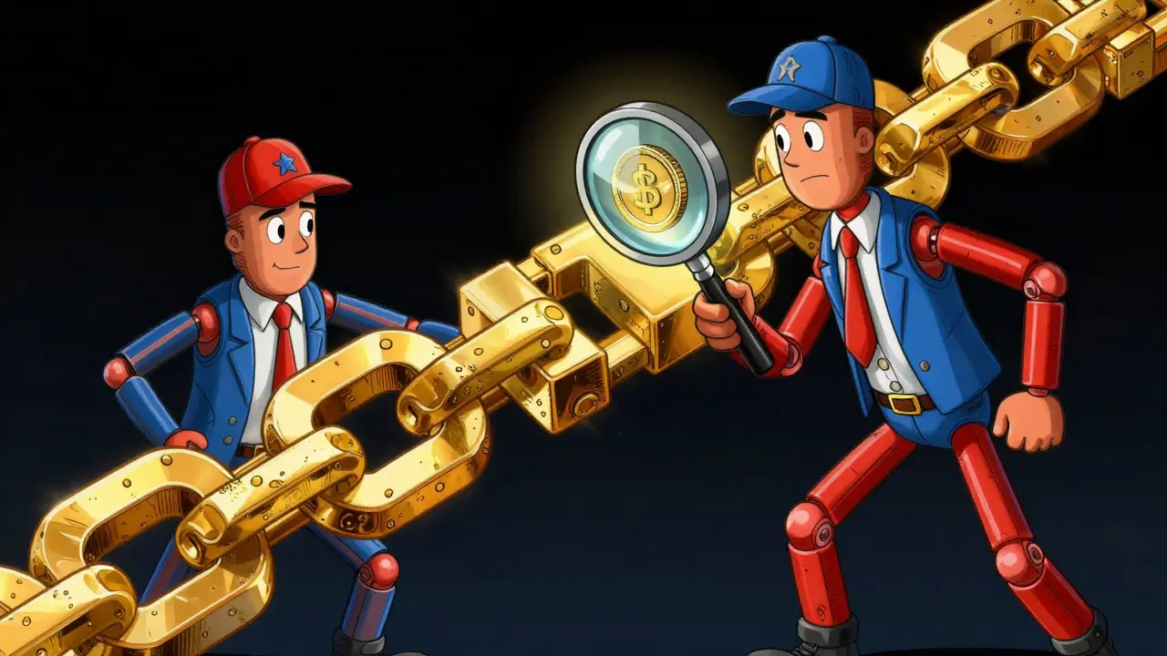 Figures inspecting a floating golden chain and digital coin.