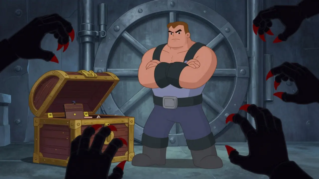 Guardian blocking shadowy claws from stealing a treasure chest.