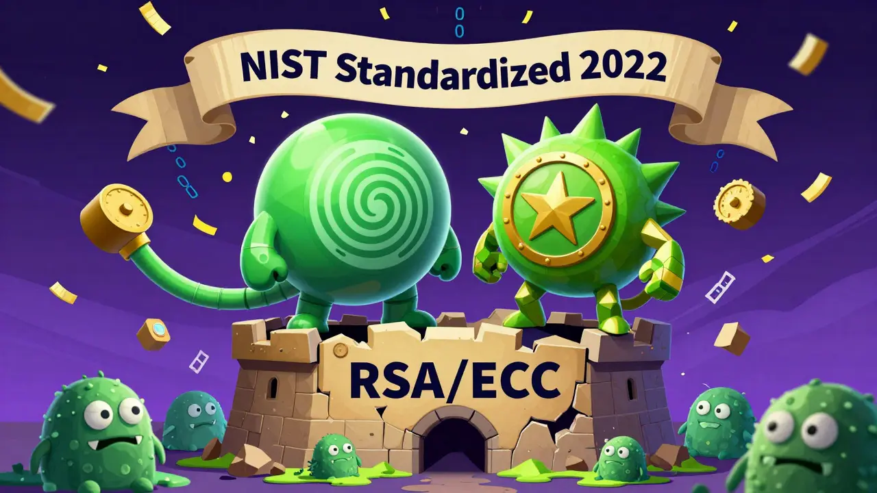 Heroic cartoon characters Kyber and Dilithium defeat quantum monsters, celebrating NIST's 2022 standardization.