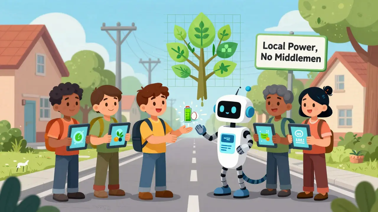 Neighbors trade energy like baseballs using a talking robot smart contract in a sunny suburban street scene.