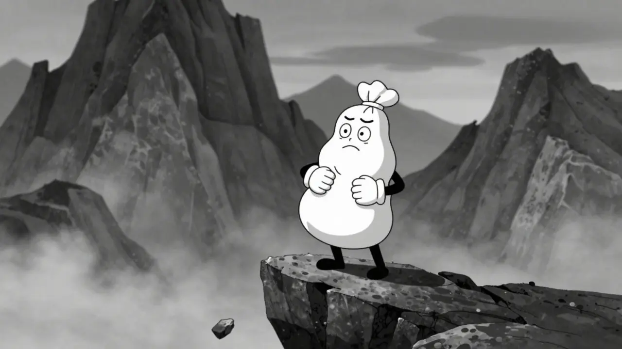 Nervous character balancing on a small rock near jagged peaks.