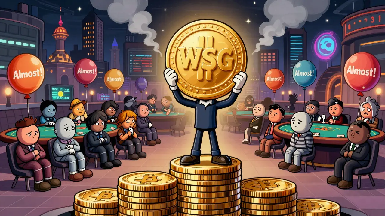 One winner holding a giant WSG token trophy while others lose, set against a vibrant blockchain city.