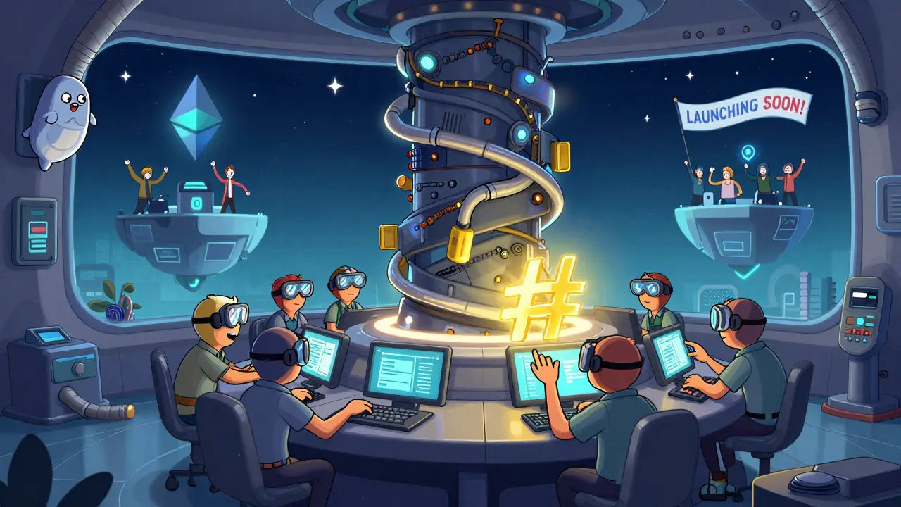 Quirky operators monitor a sidechain console under an Ethereum sky, with a Quantstamp seal nearby.