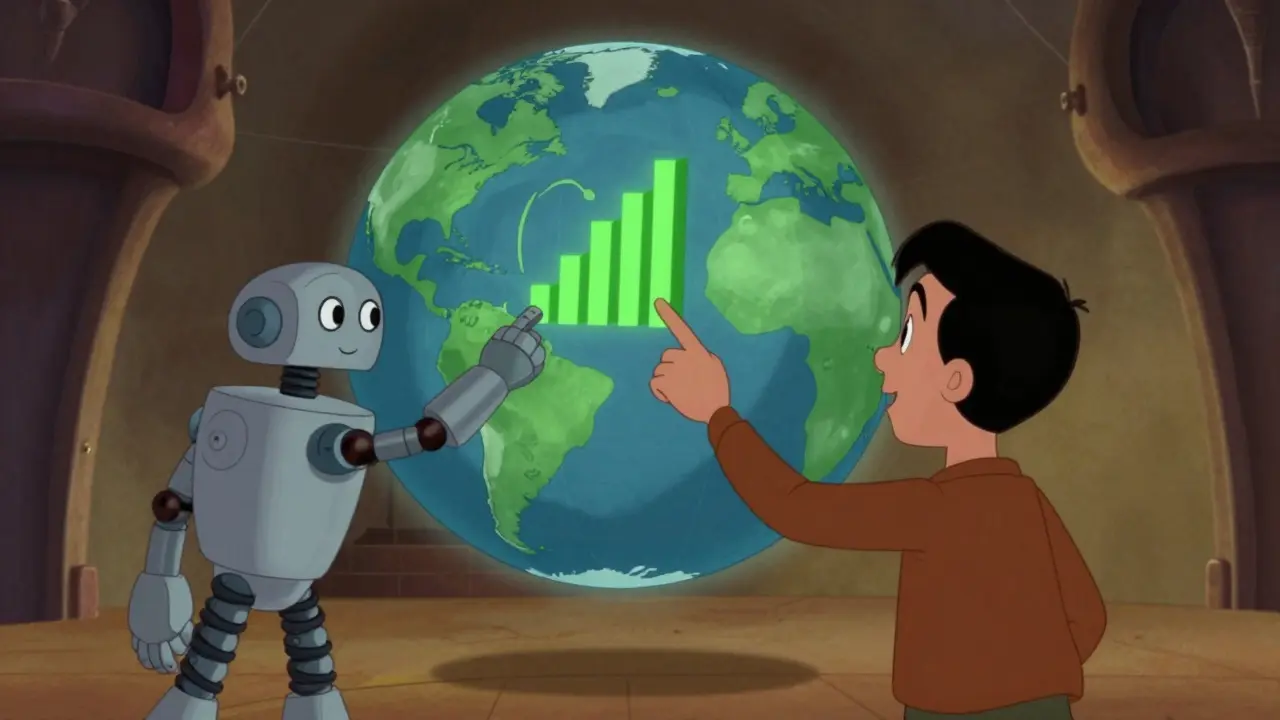 Robotic assistant helping a human analyze data on a globe.