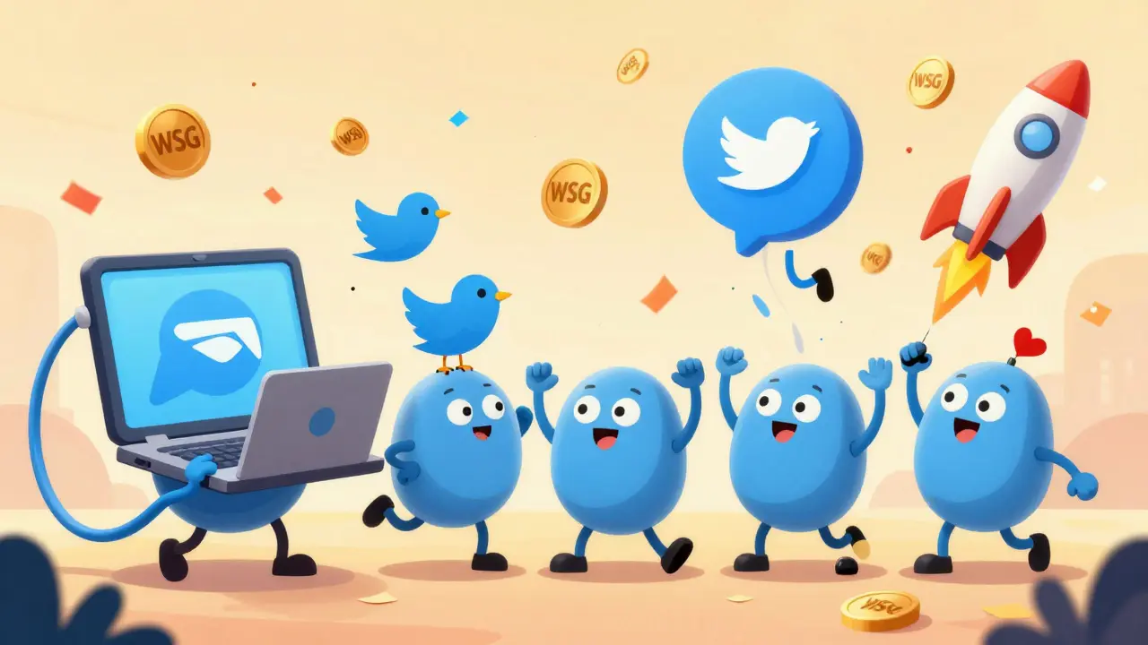 Seven cartoon figures completing airdrop tasks like following Twitter and joining Telegram with playful motion.