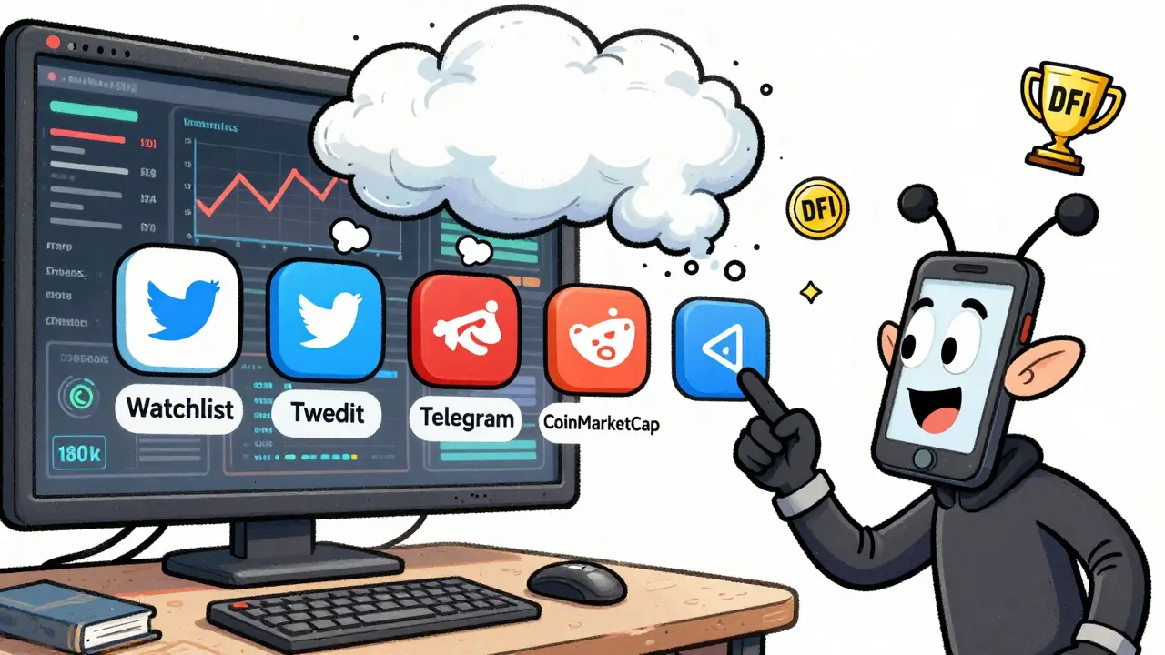 Social media enthusiast clicking five buttons to earn free DFI tokens in cartoon style.
