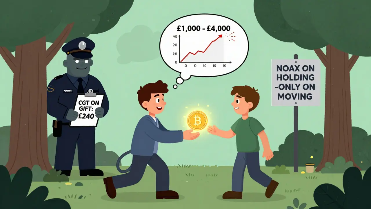Someone gifting crypto while an HMRC inspector watches, with a price chart showing gain from £1,000 to £4,000.