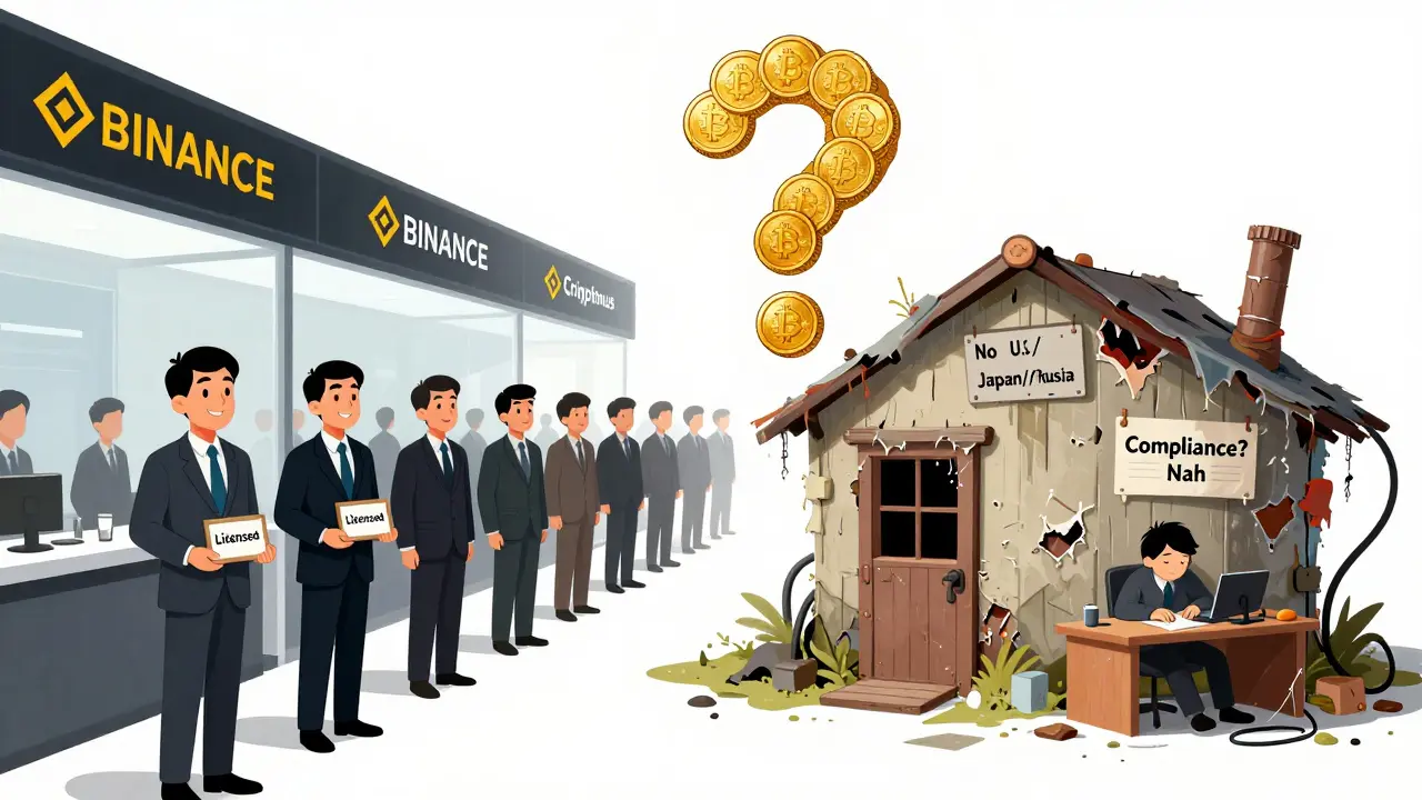 Split cartoon scene: regulated exchanges on one side, a crumbling Cryptomus shack on the other, with a question mark made of crypto coins above.