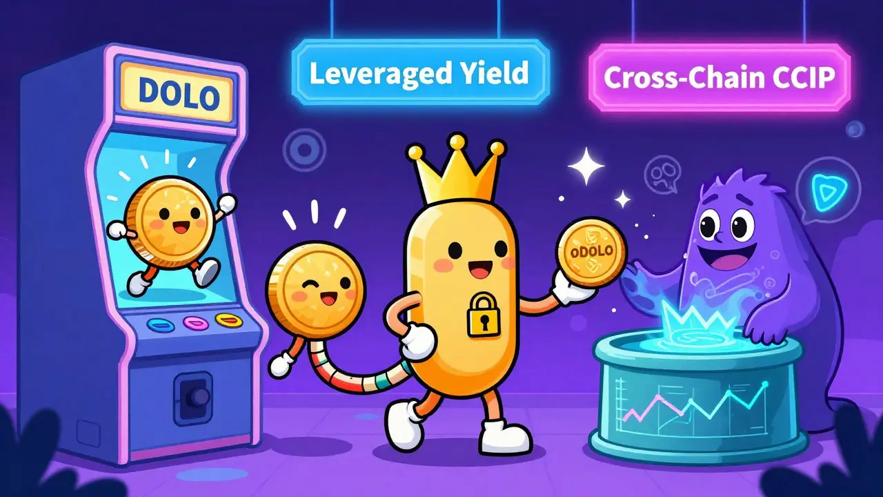 Three playful token characters linked in a chain: DOLO, veDOLO, and oDOLO, transforming through staking and liquidity.