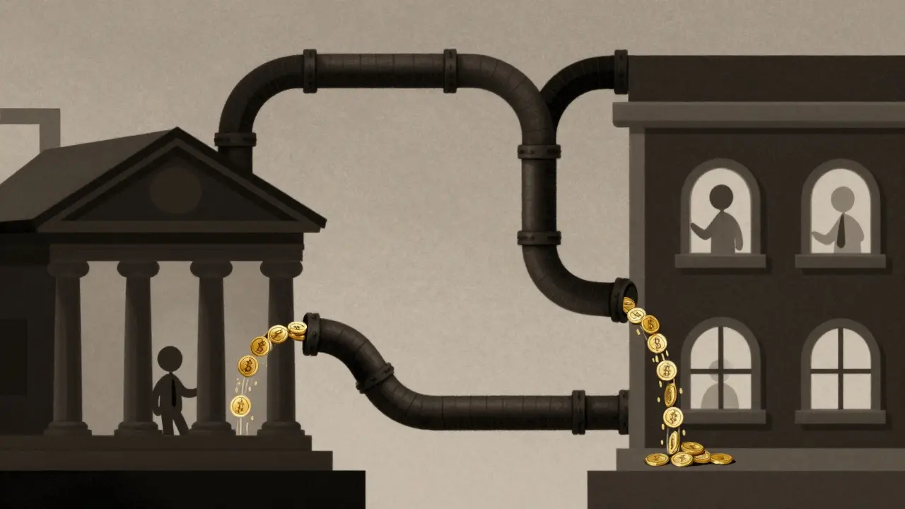 Two connected buildings with gold coins flowing through tubes.