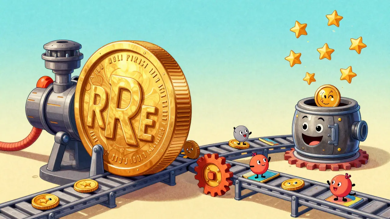 A cartoon golden coin engine powering a whimsical art marketplace in rubber hose style.