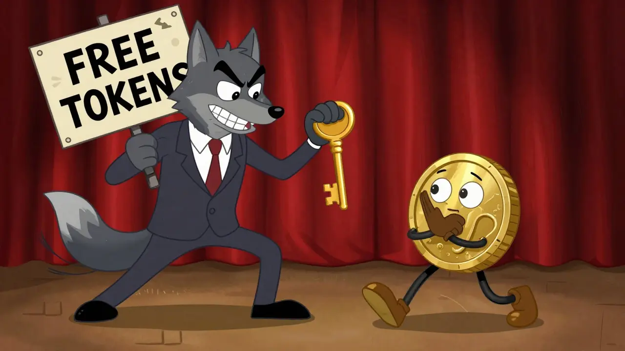 A cautious coin character rejecting a sneaky wolf offering fake tokens.