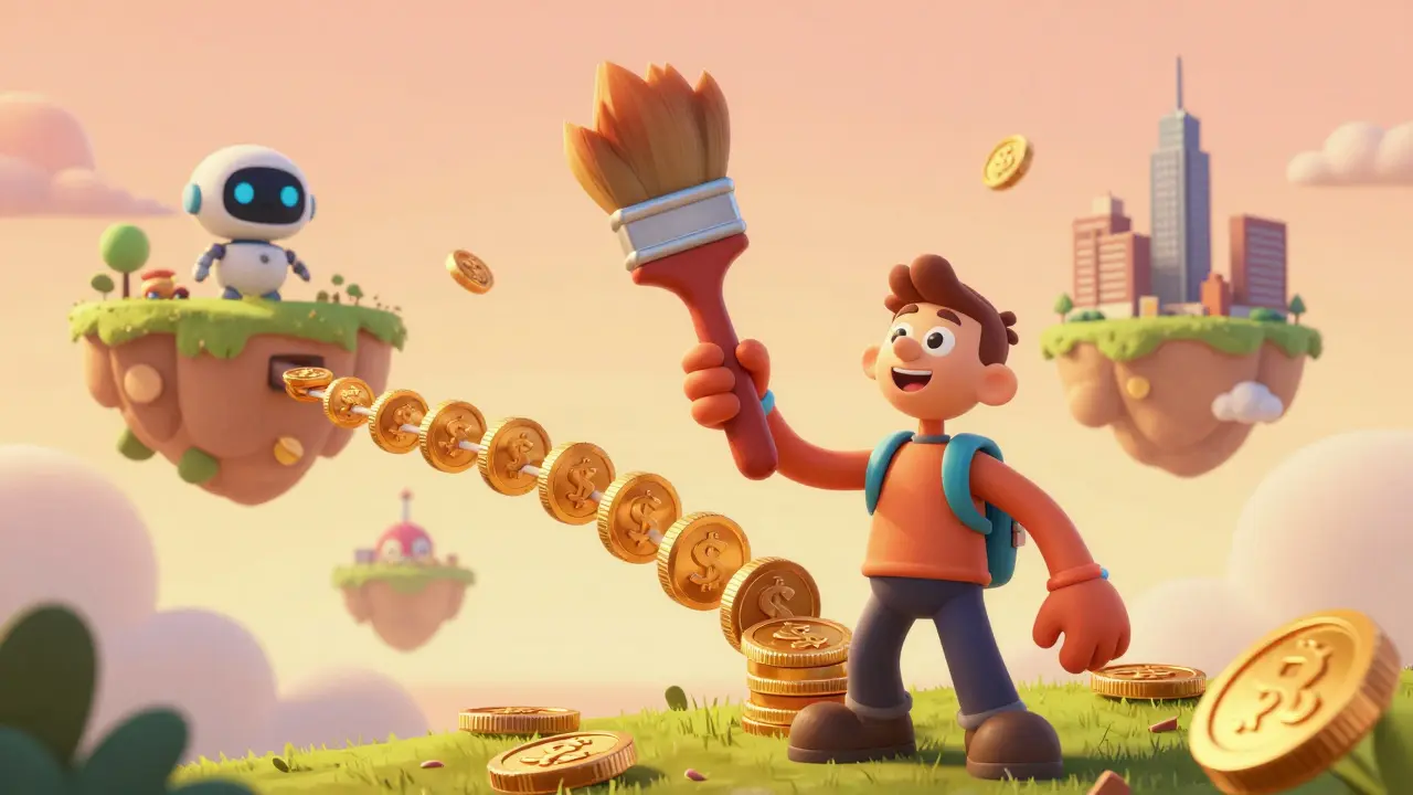 A cheerful digital artist with a giant paintbrush and a bridge of gold coins in cartoon style.