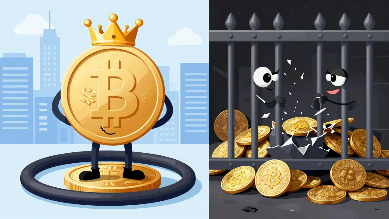 A comparison between a regal Digital Yuan coin and banned cryptocurrencies behind bars.