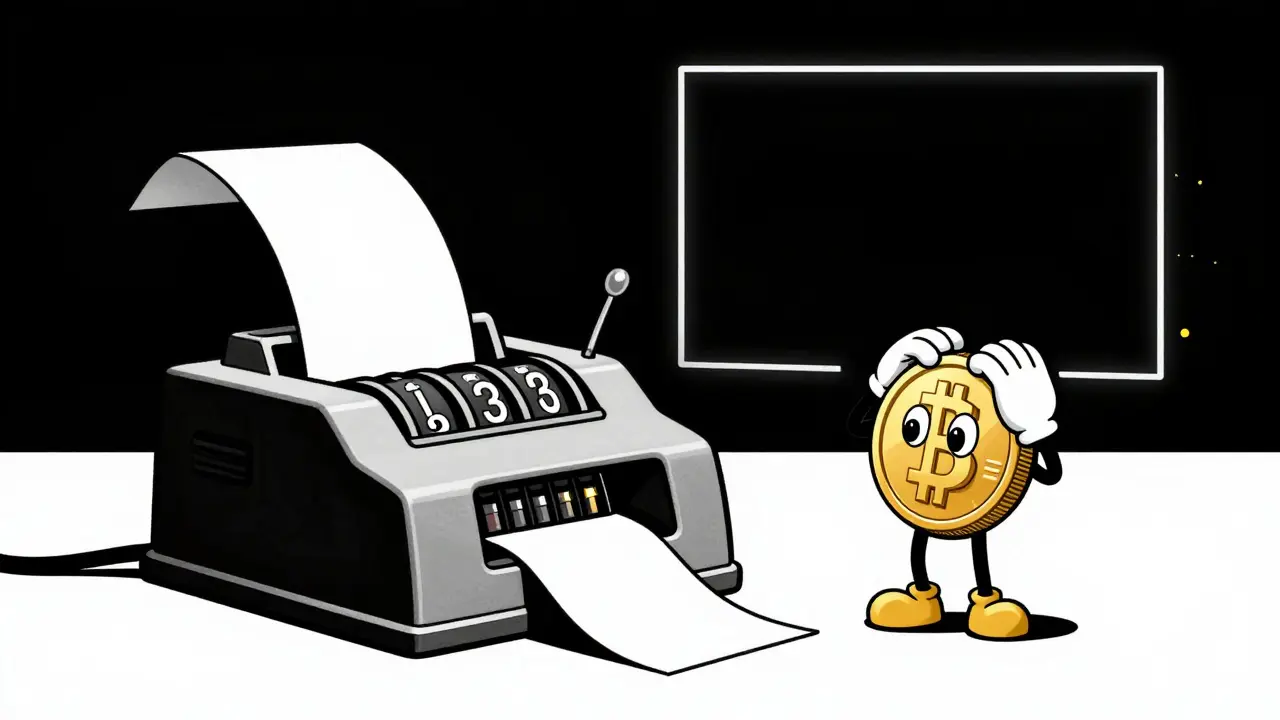 A confused coin character standing by an empty ticker tape machine in a ghost town.