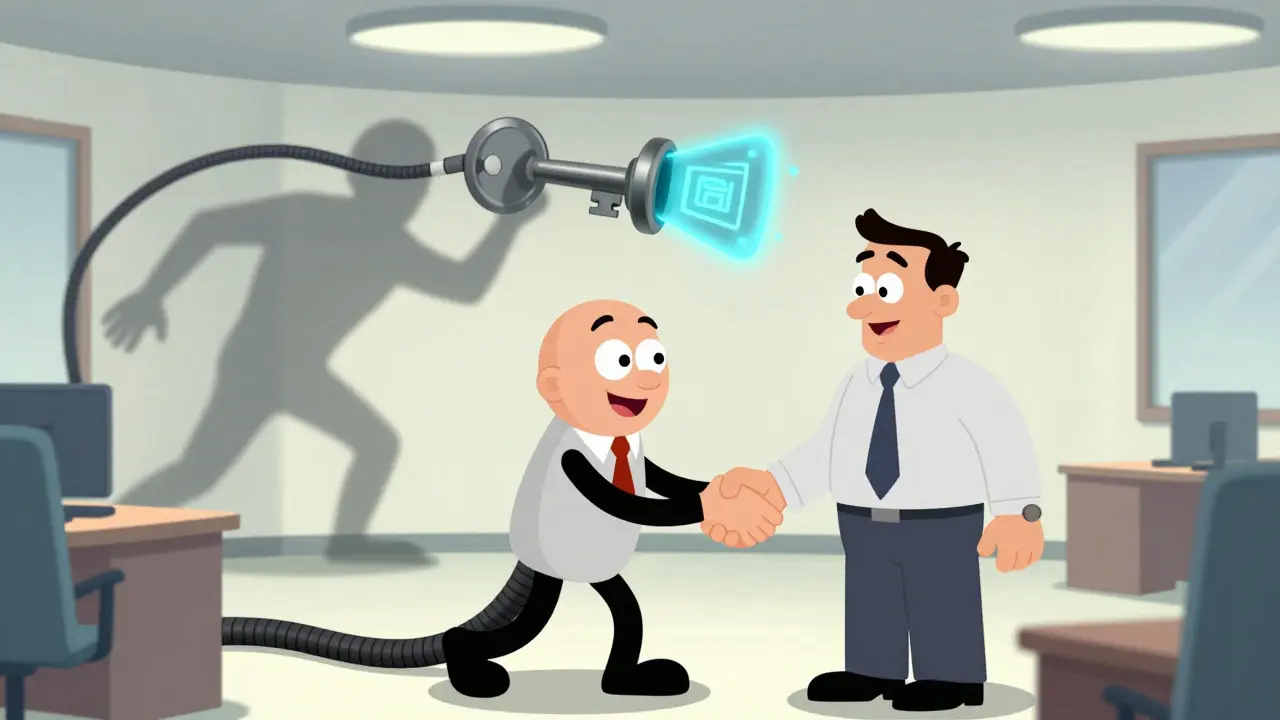 A friendly cartoon worker whose shadow reveals a thief stealing company data