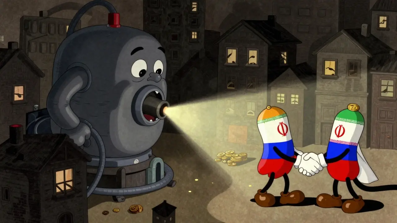 A giant mining machine draining electricity from a city while two figures exchange digital currency.