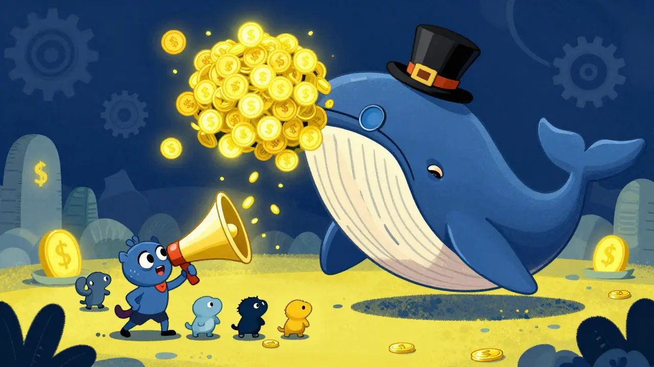 A giant whale with a top hat and a community of small characters in a digital world