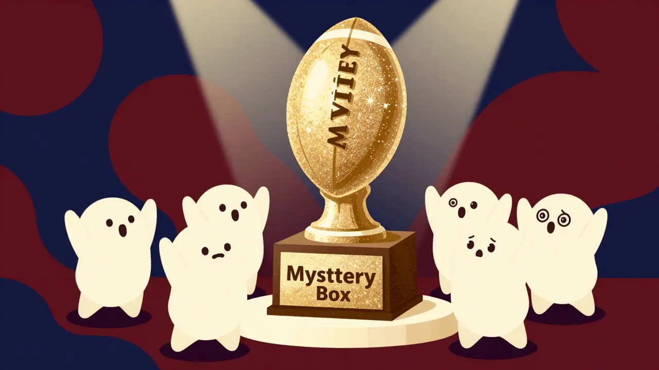 A glowing mystery box trophy surrounded by expressive cartoon characters.